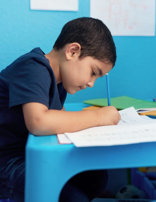 Writing, notebooks and child with homework in house for education, learning or development with knowledge. Scholarship, kid and boy student studying mathematics for school assignment in apartment.