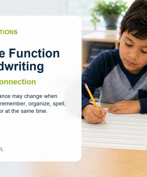 Elementary student completing classroom writing while managing directions, ideas, spelling, handwriting, and self-monitoring demands.