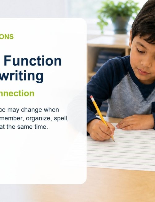 Elementary student completing classroom writing while managing directions, ideas, spelling, handwriting, and self-monitoring demands.
