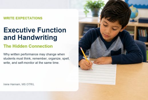 Elementary student completing classroom writing while managing directions, ideas, spelling, handwriting, and self-monitoring demands.