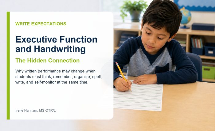 Elementary student completing classroom writing while managing directions, ideas, spelling, handwriting, and self-monitoring demands.